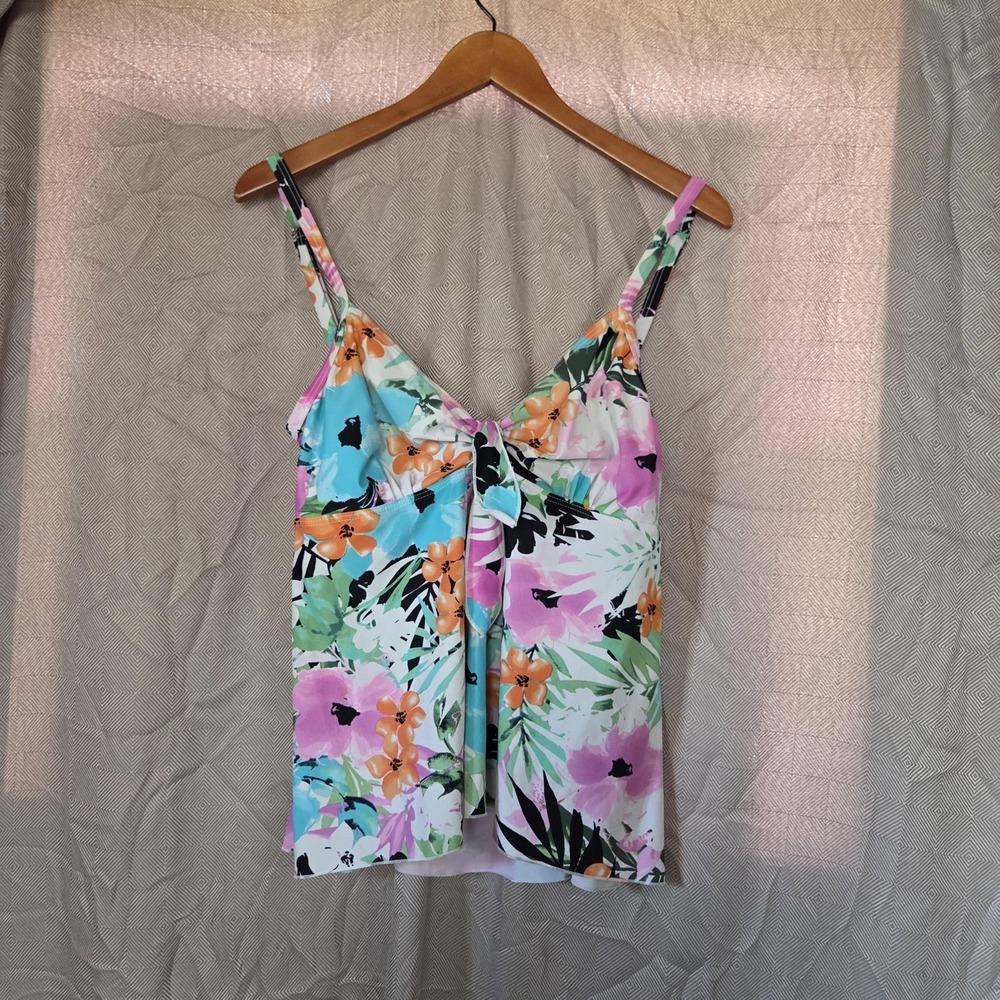 Island Pearls Tankini Swim Top Womens 14 Floral Adjustable Strap Lined Stretch